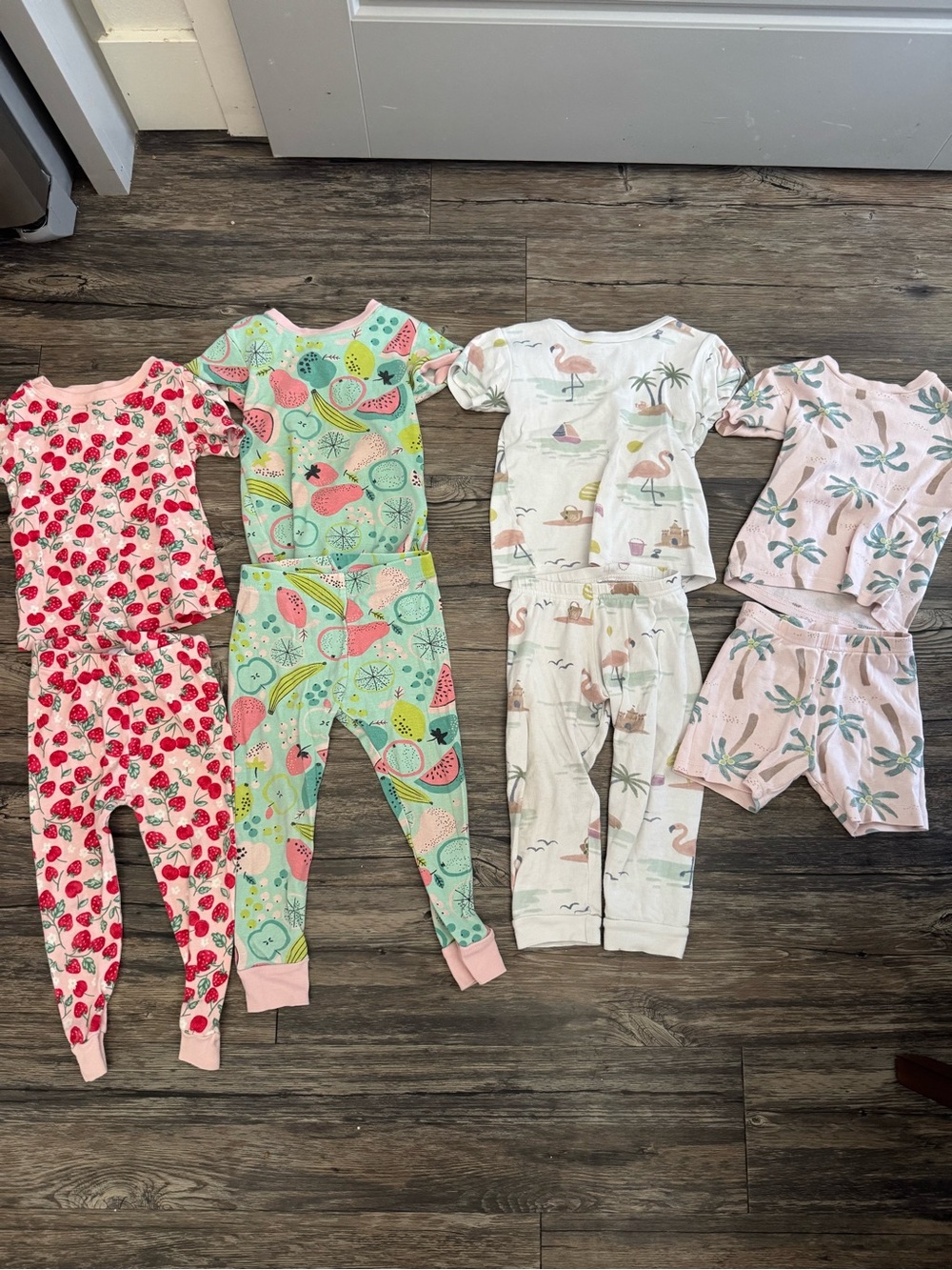 Set of 4 Kids Fruit & Tropical Print Cotton Pajama sets - Pink/Green